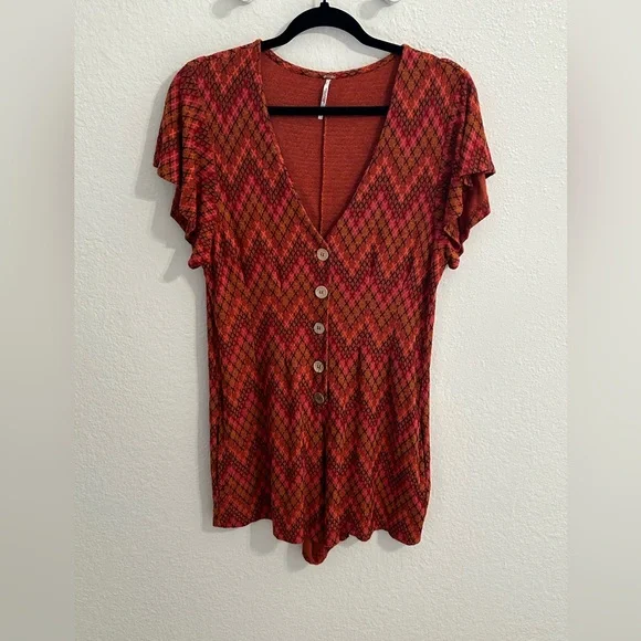 Free People Printed Button Front Romper Red Combo Boho Festival | Size L - Picture 2 of 12